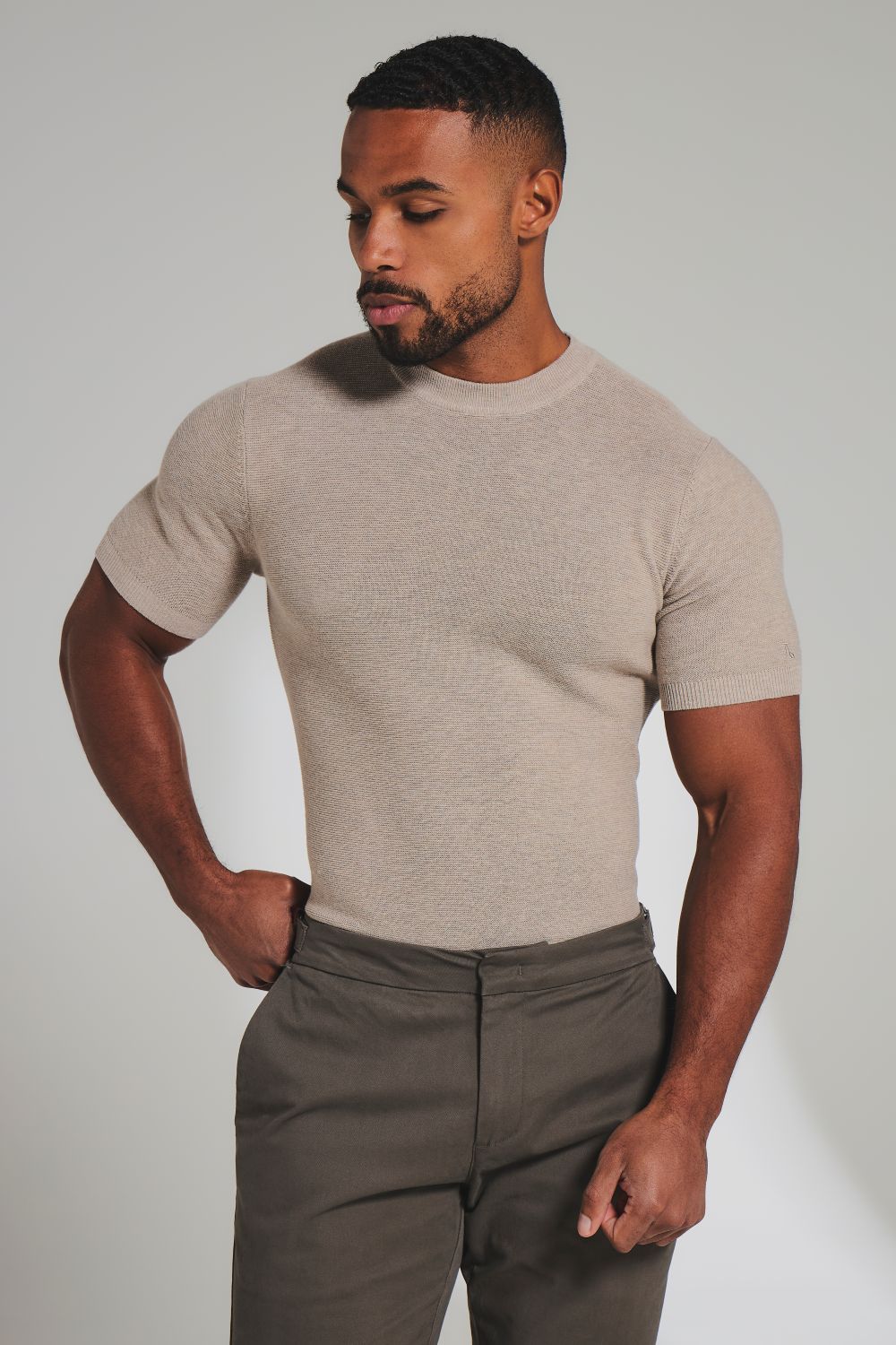 Textured Knitted Crew Neck T-Shirt in Neutral - Image 2