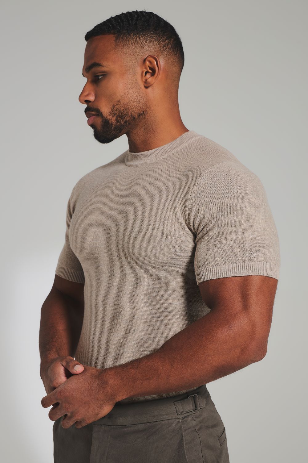 Textured Knitted Crew Neck T-Shirt in Neutral - Image 4