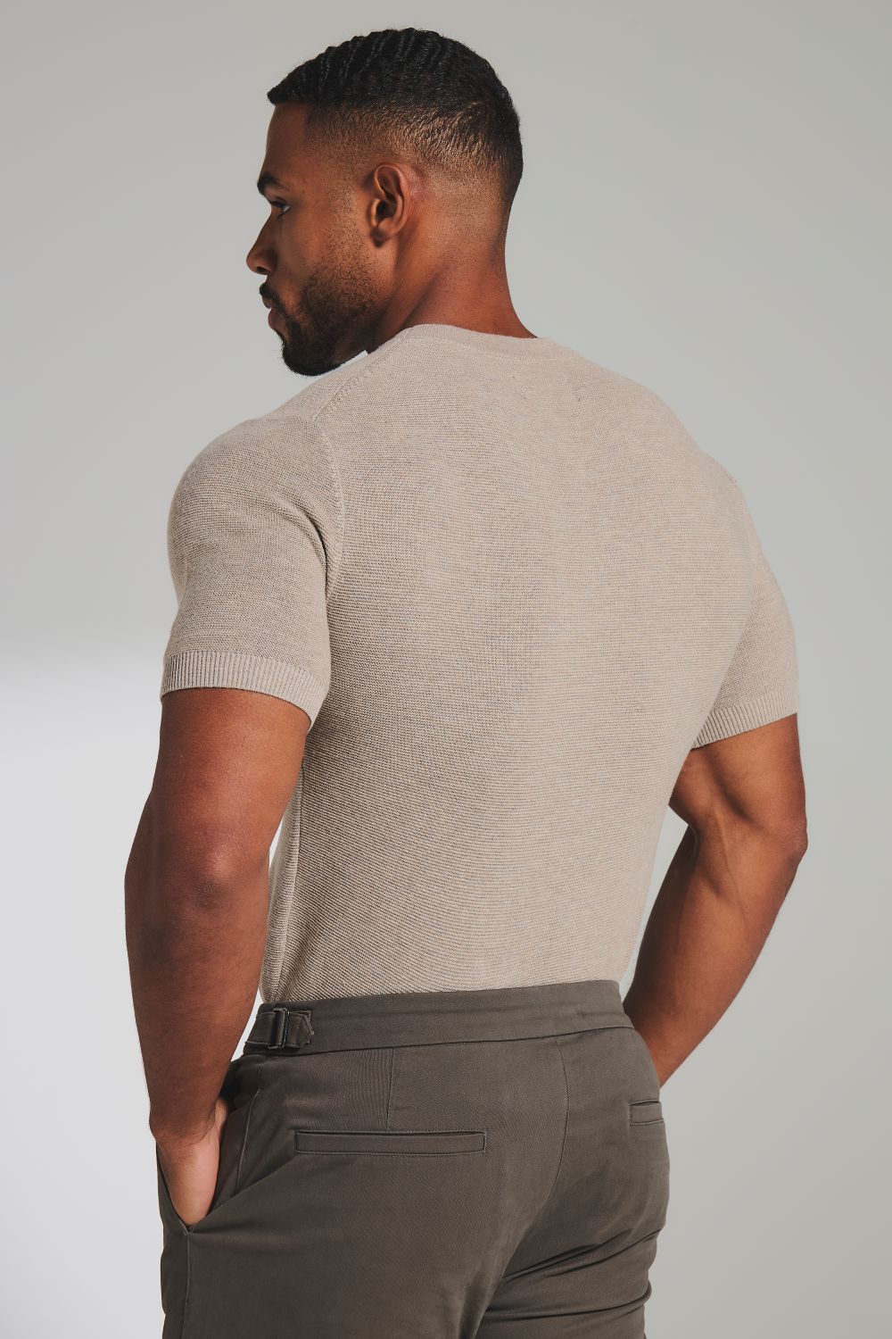 Textured Knitted Crew Neck T-Shirt in Neutral - Image 6