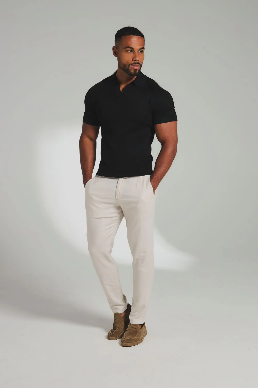 Square Textured Knitted Open Collar Polo Shirt in Black - Image 3
