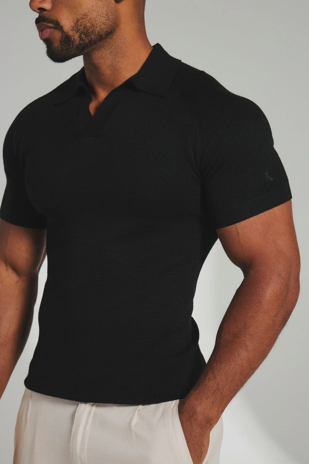 Square Textured Knitted Open Collar Polo Shirt in Black - Image 4