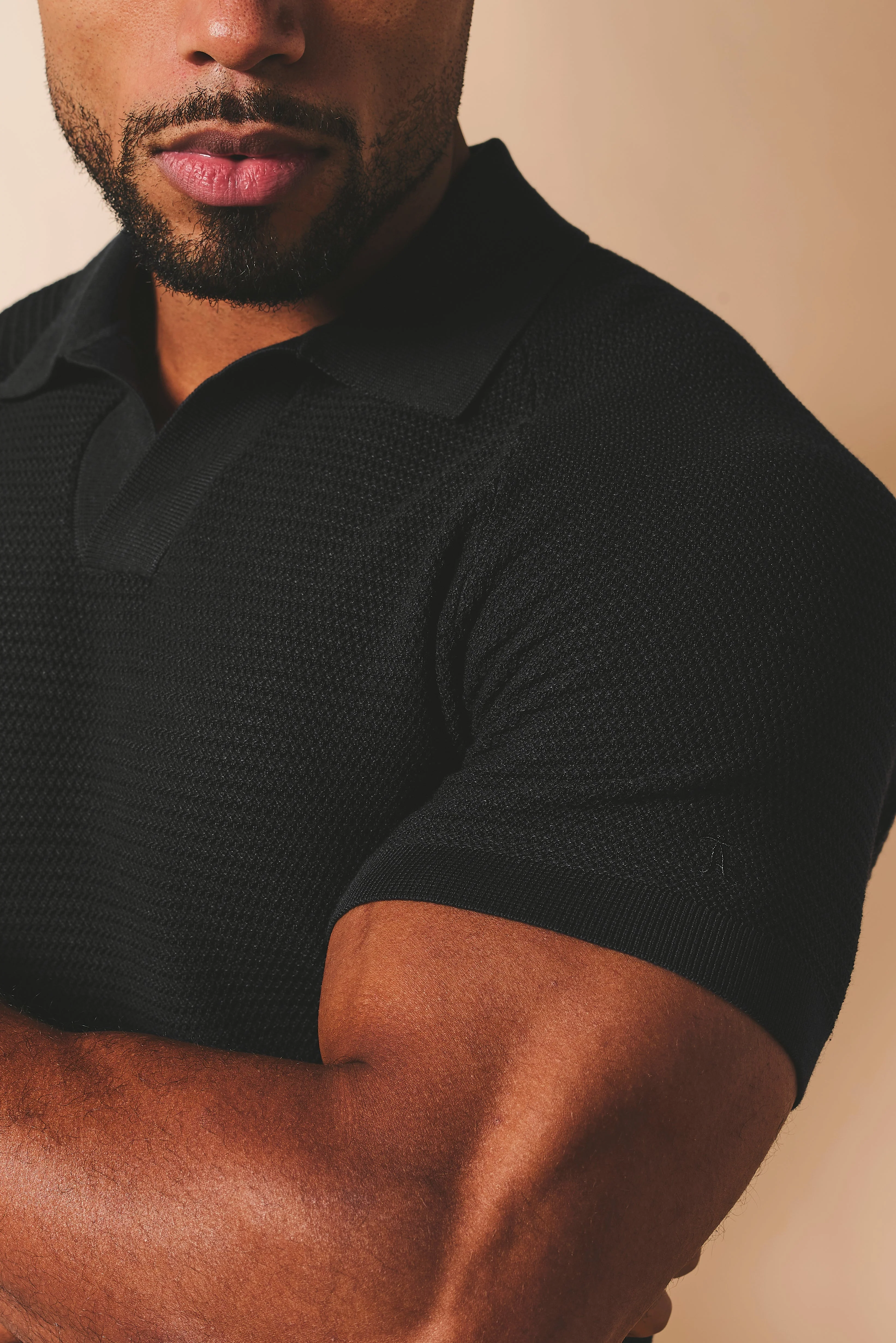 Textured Knitted Open Collar Polo Shirt in Black - Image 2