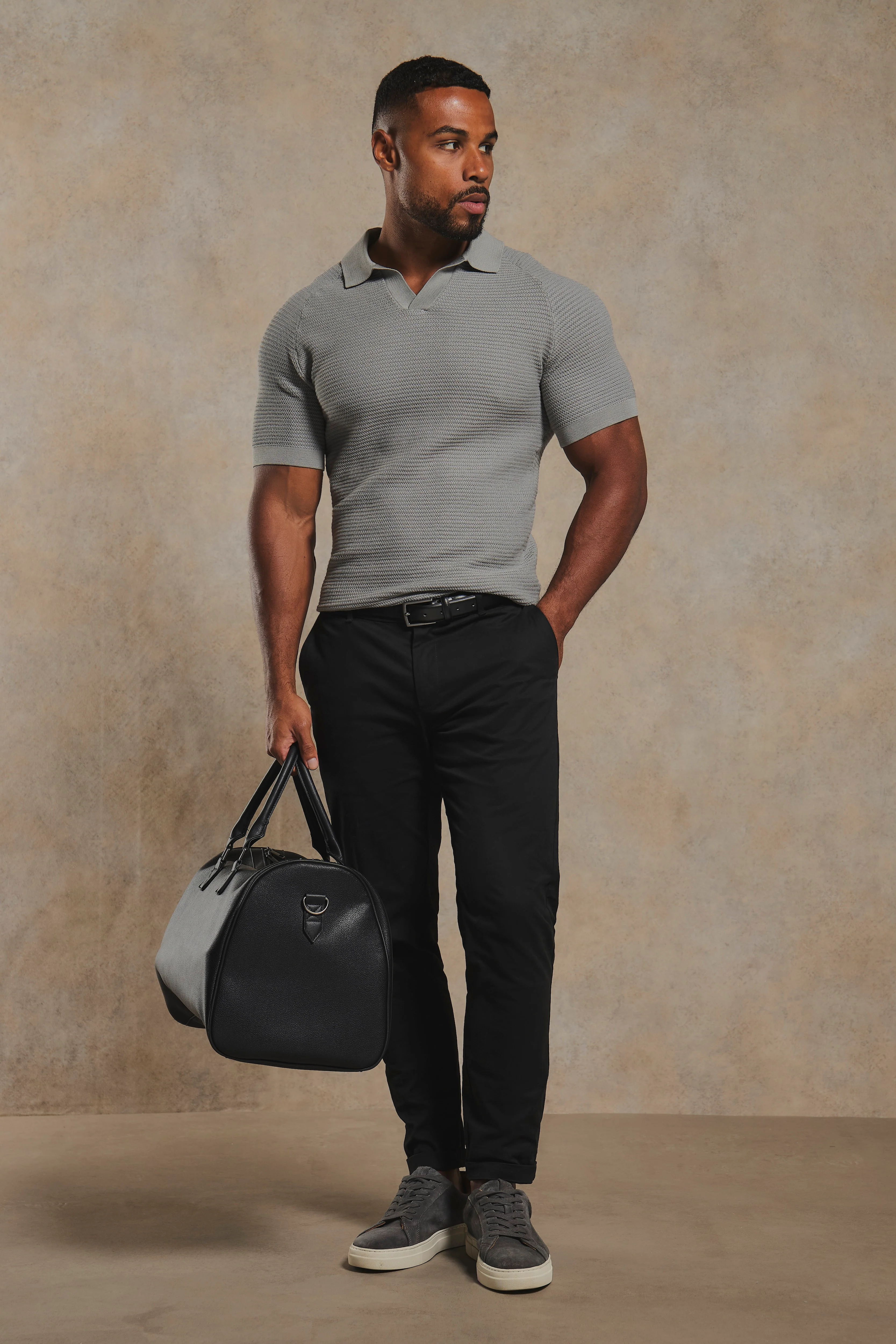 Textured Knitted Open Collar Polo Shirt in Grey - Image 4