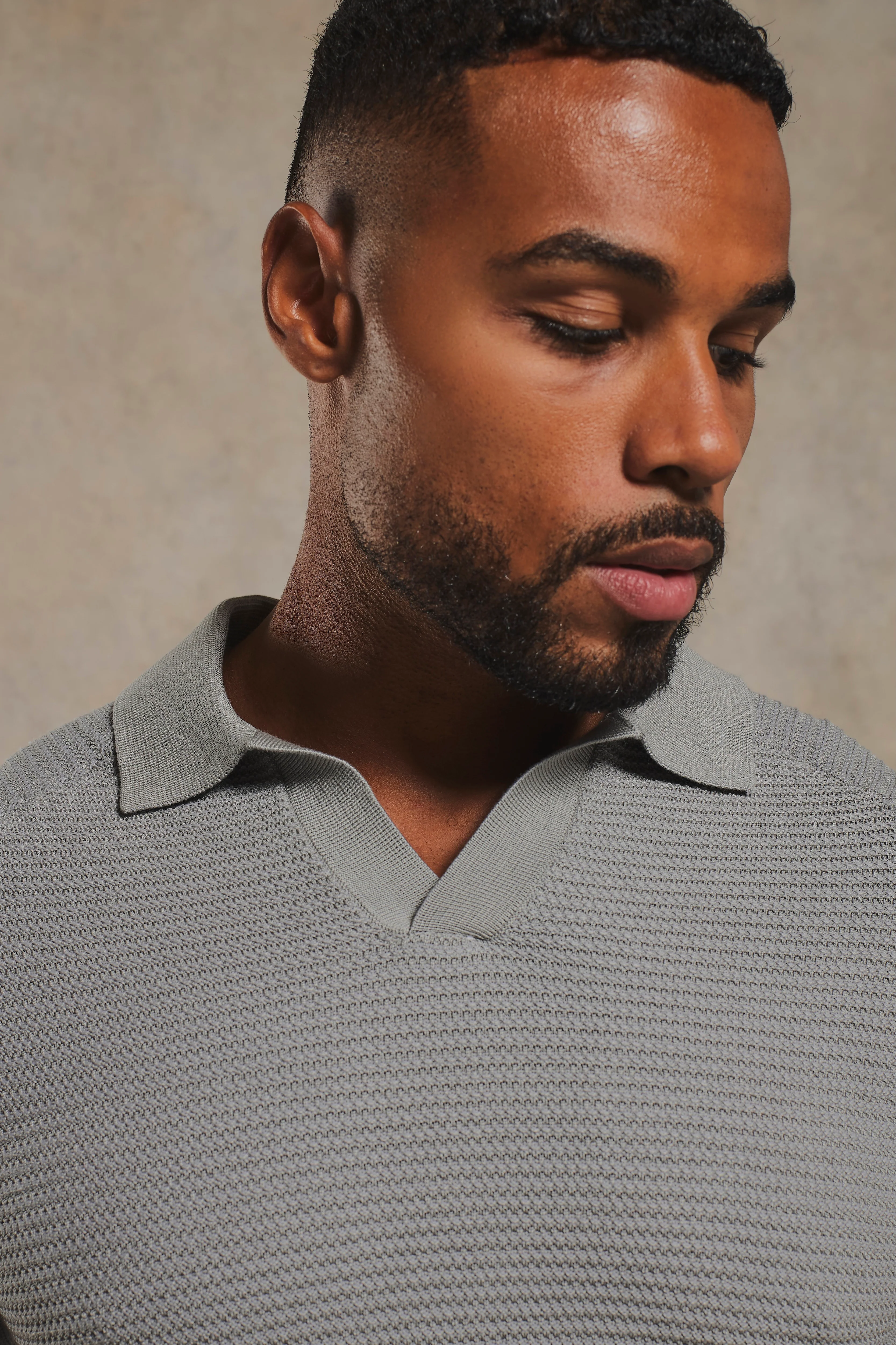 Textured Knitted Open Collar Polo Shirt in Grey - Image 5