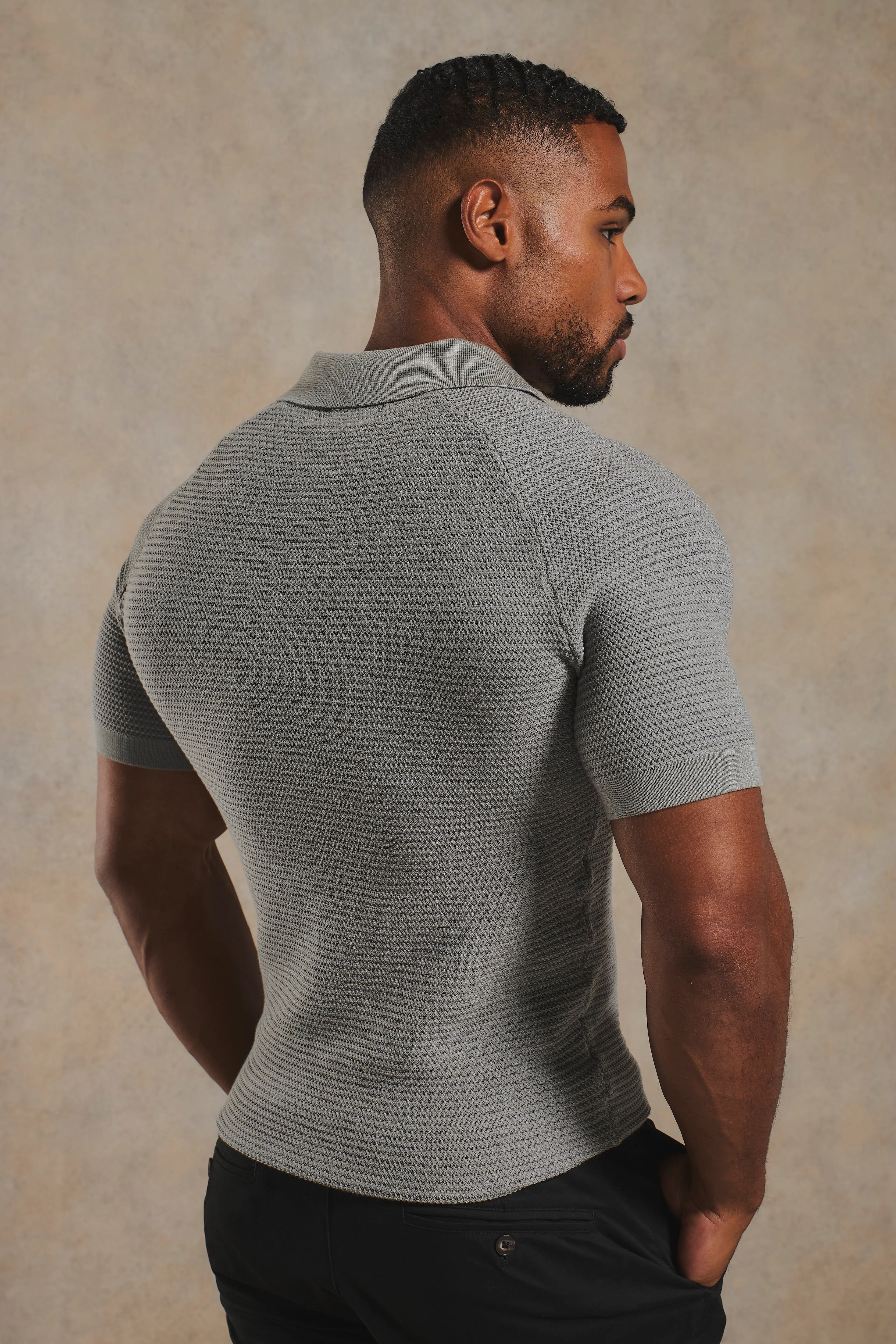 Textured Knitted Open Collar Polo Shirt in Grey - Image 6