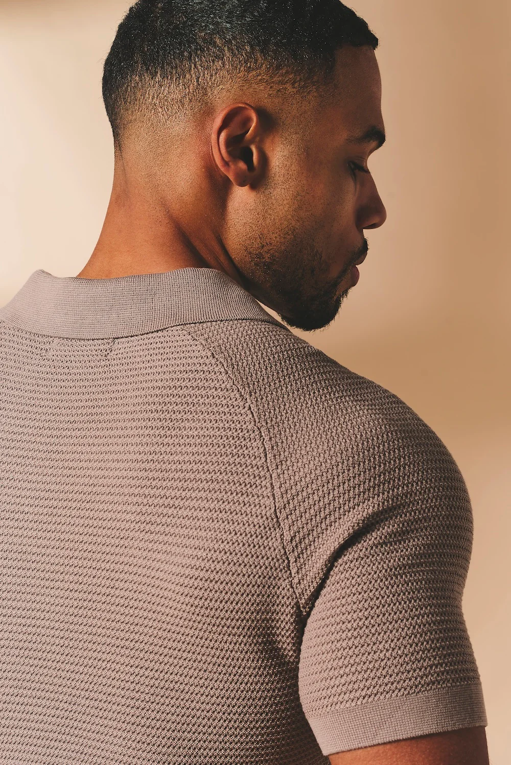 Textured Knitted Open Collar Polo Shirt in Mink - Image 7