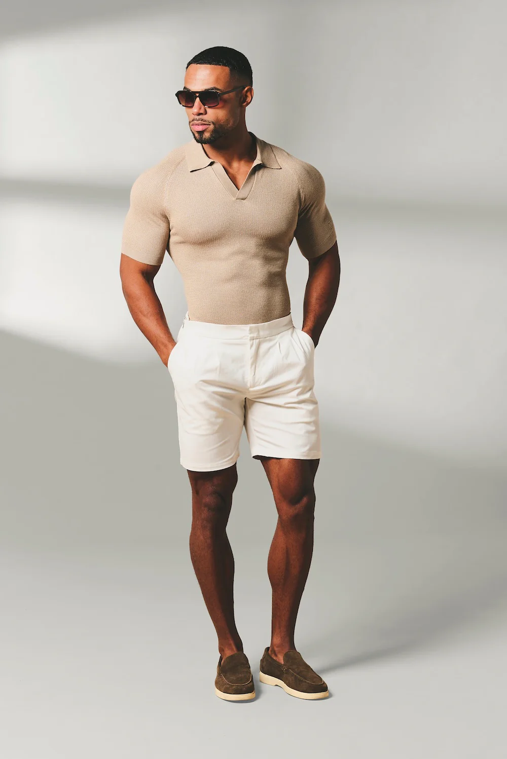 Square Textured Knitted Open Collar Polo Shirt in Stone - Image 6