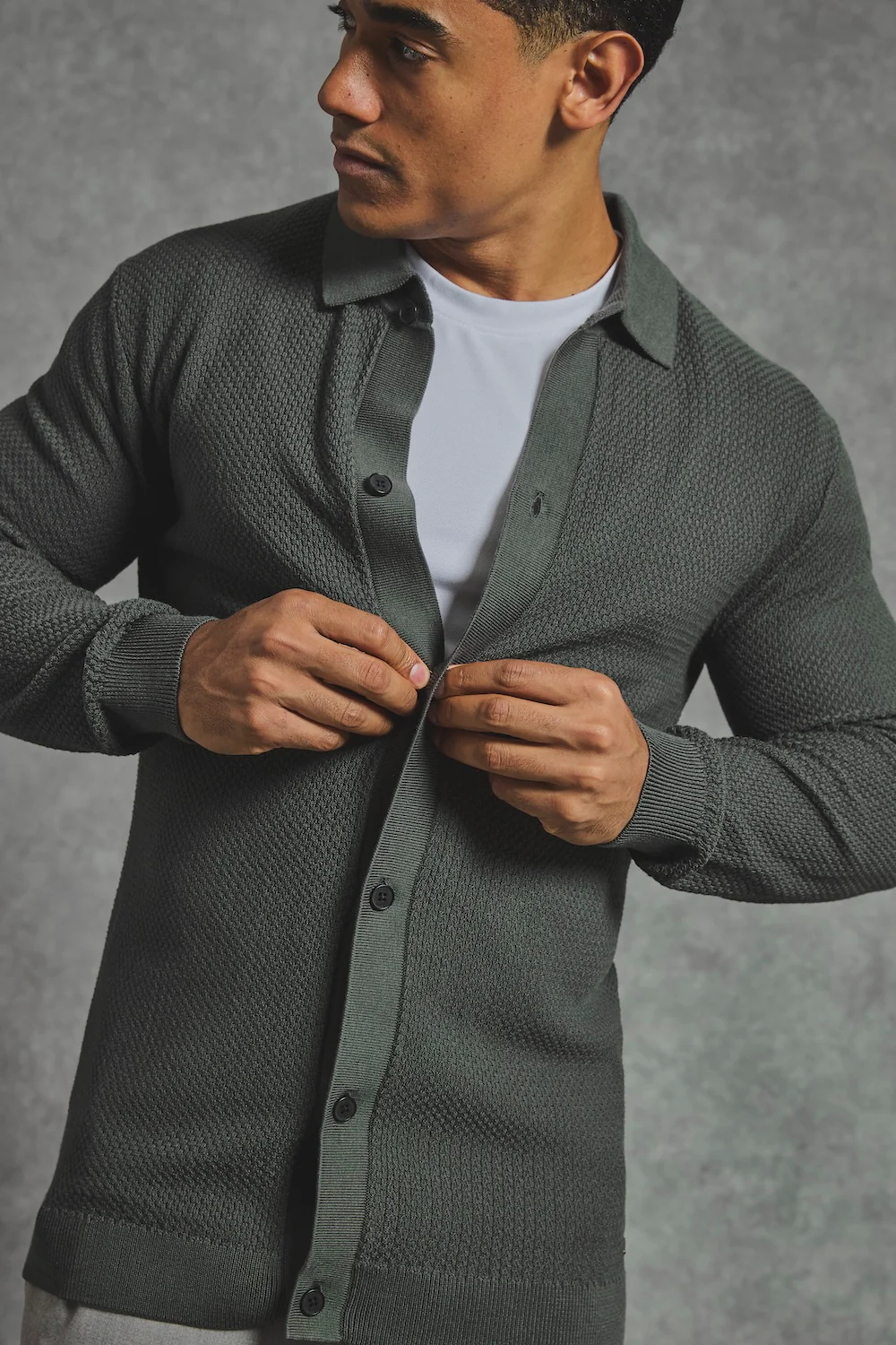 Textured Knitted Shirt in Khaki - Image 4