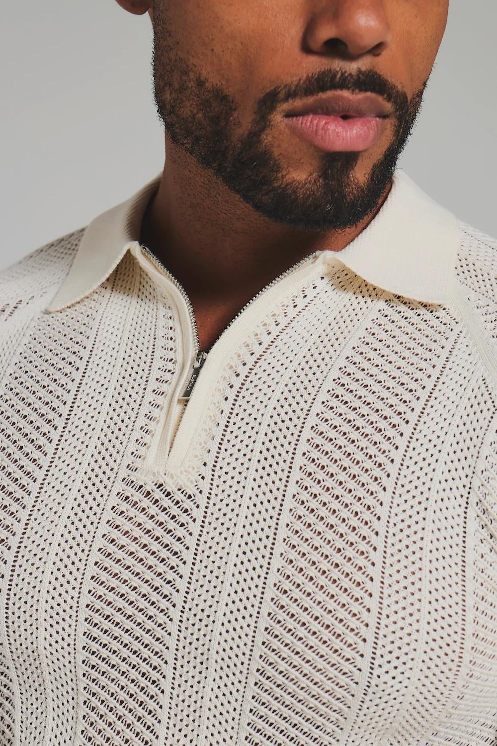 Textured Knitted Zip Neck Polo Shirt In Chalk - Image 5