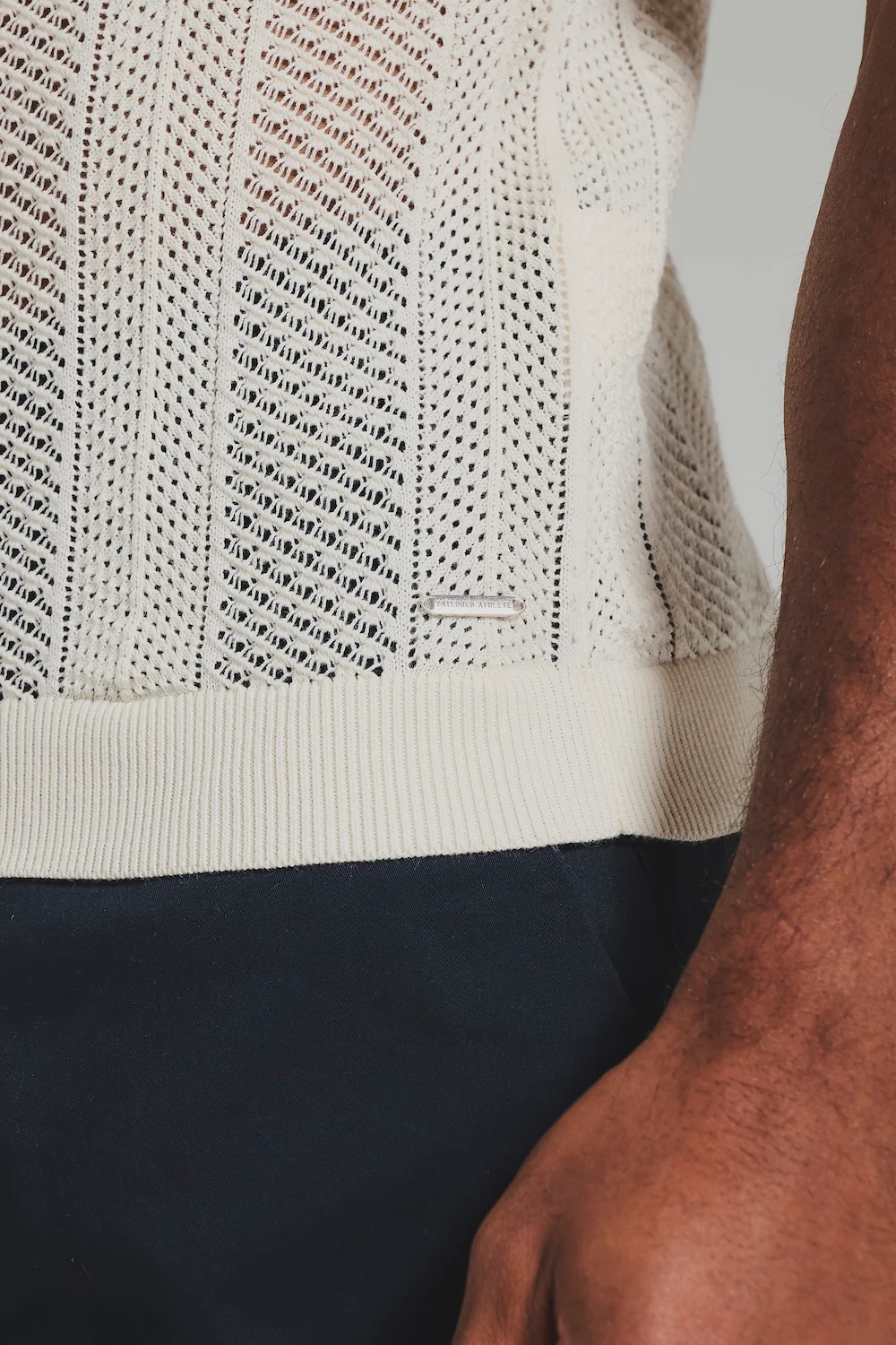 Textured Knitted Zip Neck Polo Shirt In Chalk - Image 6