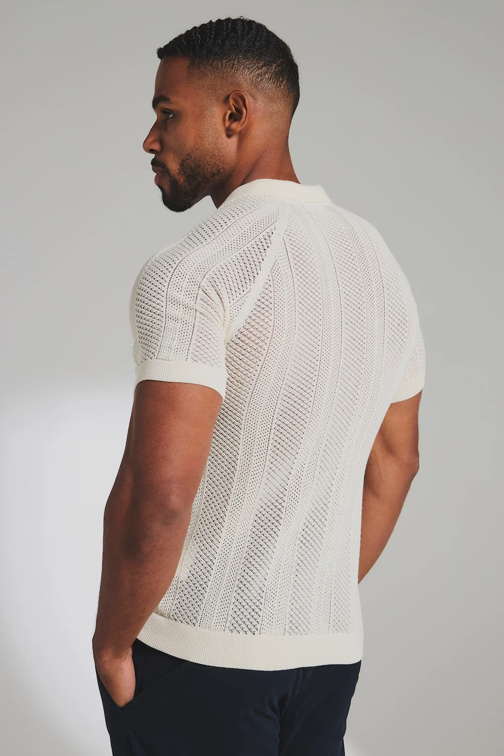 Textured Knitted Zip Neck Polo Shirt In Chalk - Image 8