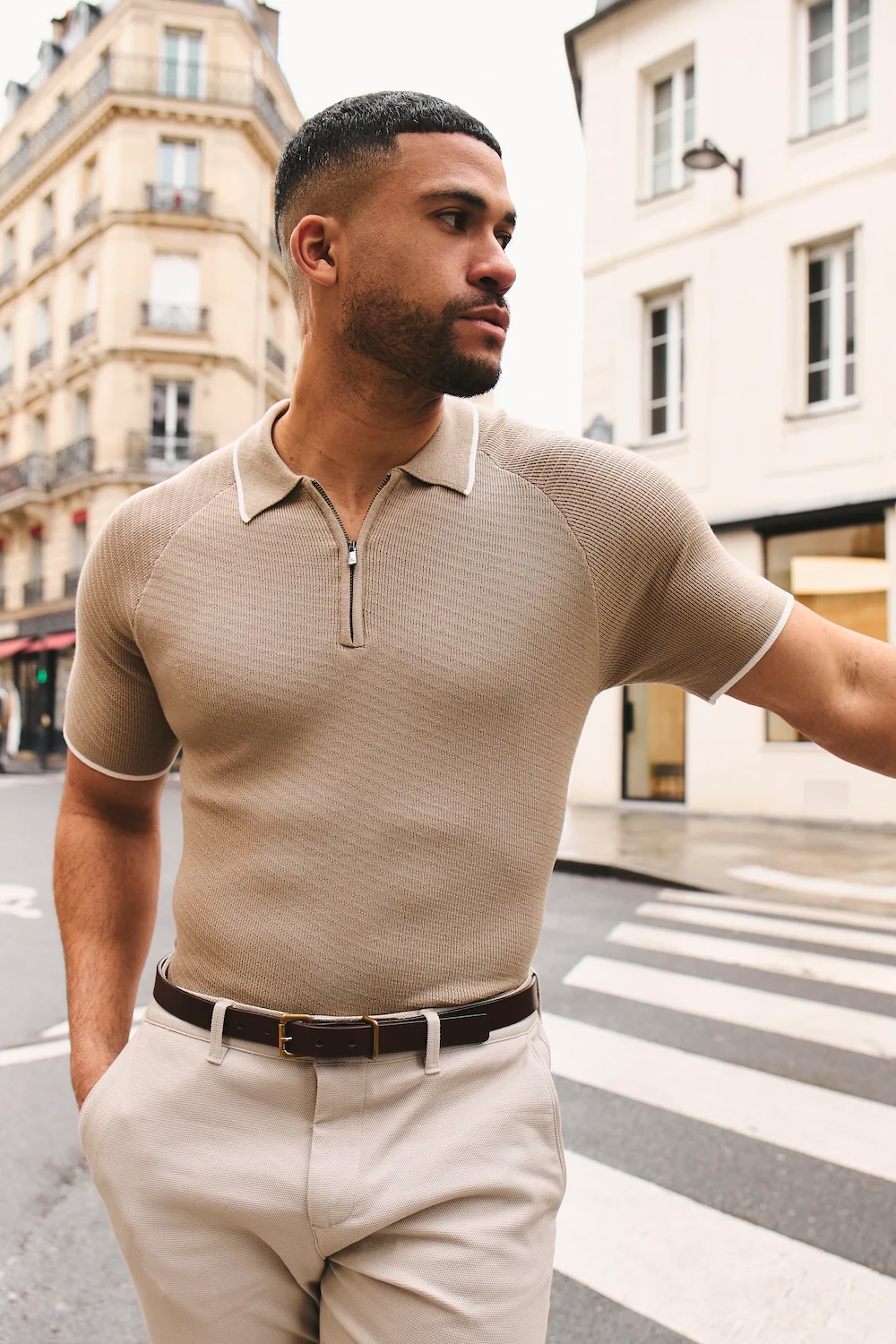 Textured Tipped Knitted Zip Neck Polo Shirt in Stone and White - Image 2