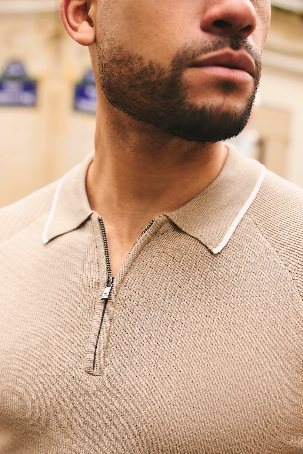 Textured Tipped Knitted Zip Neck Polo Shirt in Stone and White - Image 3