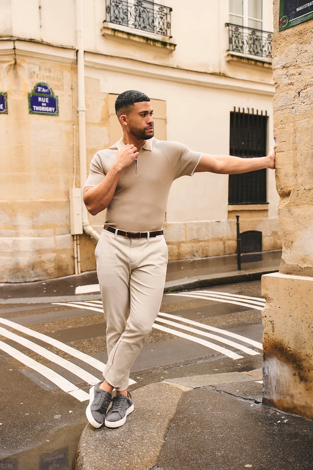 Textured Tipped Knitted Zip Neck Polo Shirt in Stone and White - Image 4