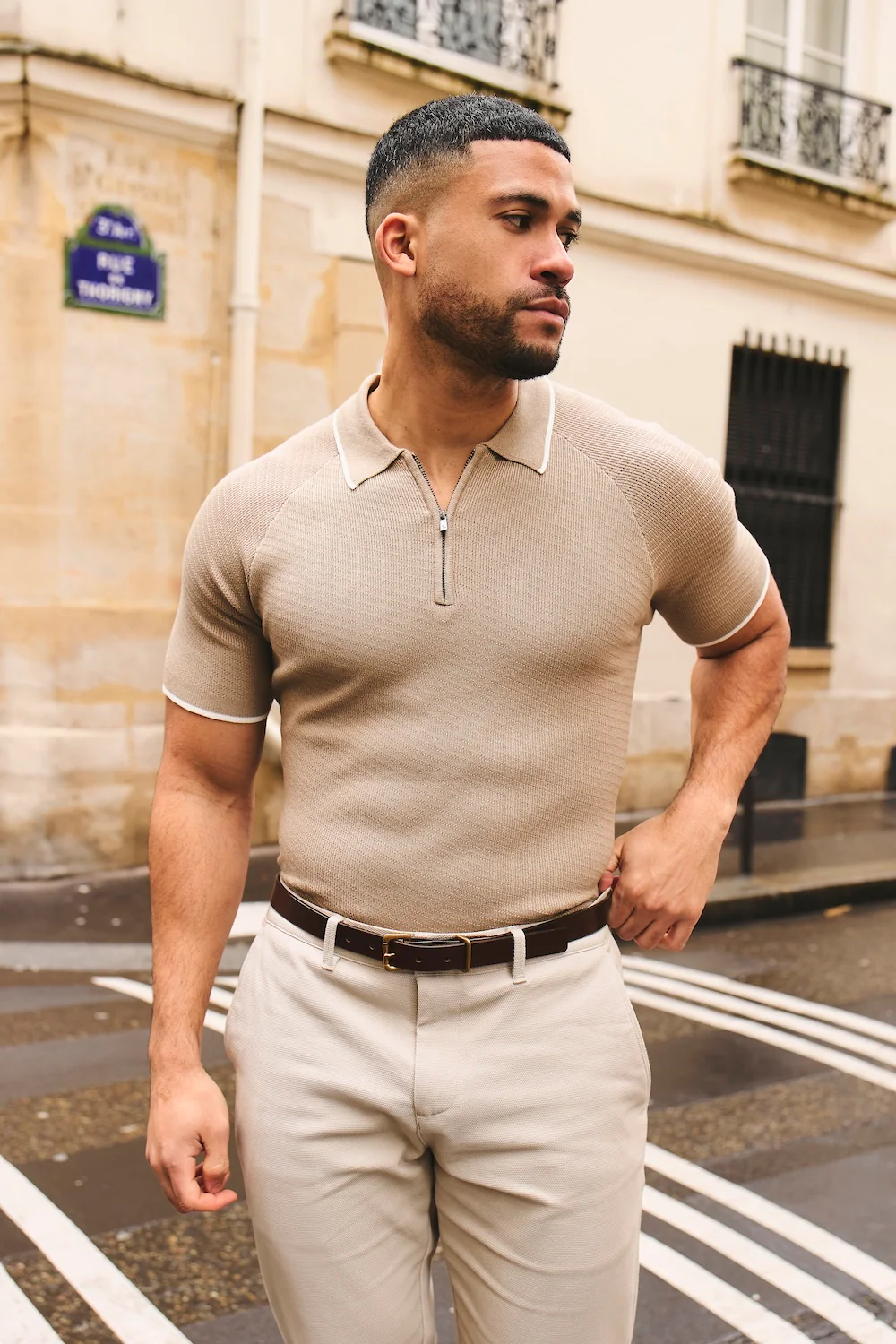 Textured Tipped Knitted Zip Neck Polo Shirt in Stone and White - Image 5