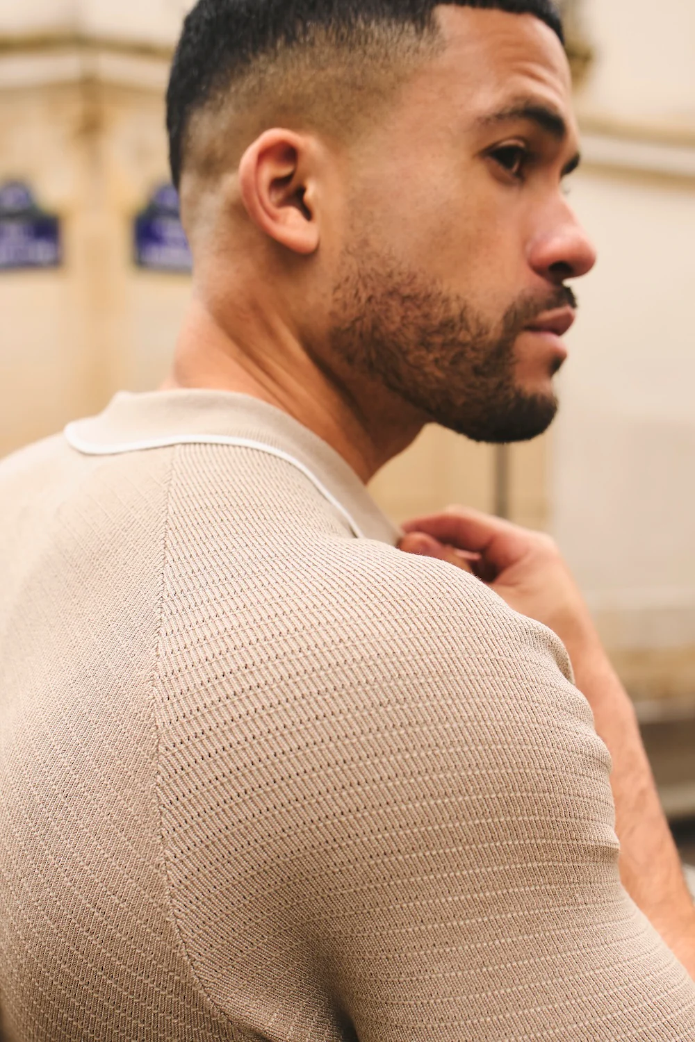 Textured Tipped Knitted Zip Neck Polo Shirt in Stone and White - Image 6