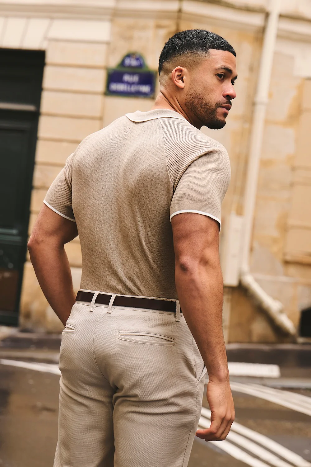 Textured Tipped Knitted Zip Neck Polo Shirt in Stone and White - Image 8
