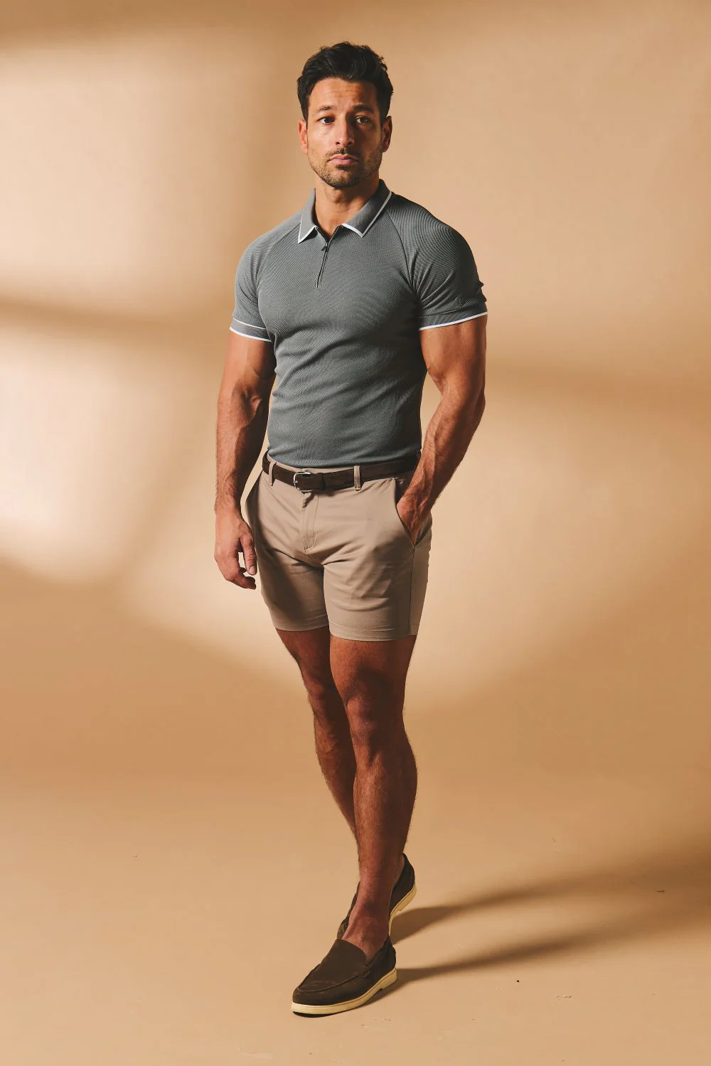 Textured Zip Neck Polo Shirt in Graphite and White Tipping - Image 3