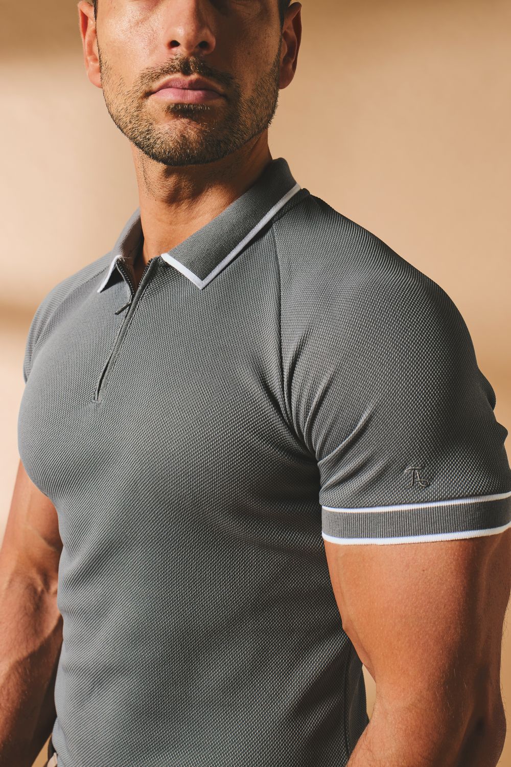 Textured Zip Neck Polo Shirt in Graphite and White Tipping - Image 6