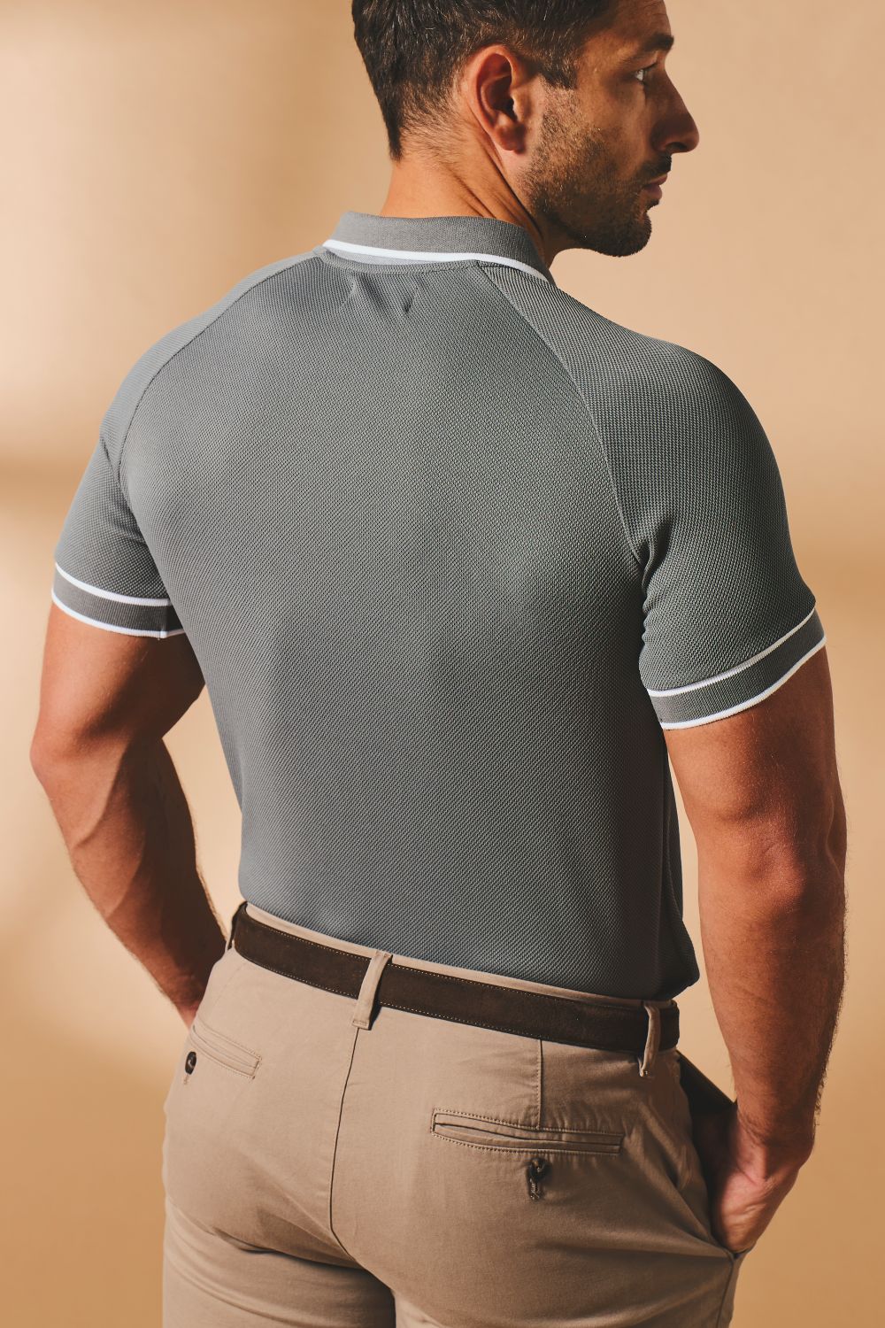 Textured Zip Neck Polo Shirt in Graphite and White Tipping - Image 8