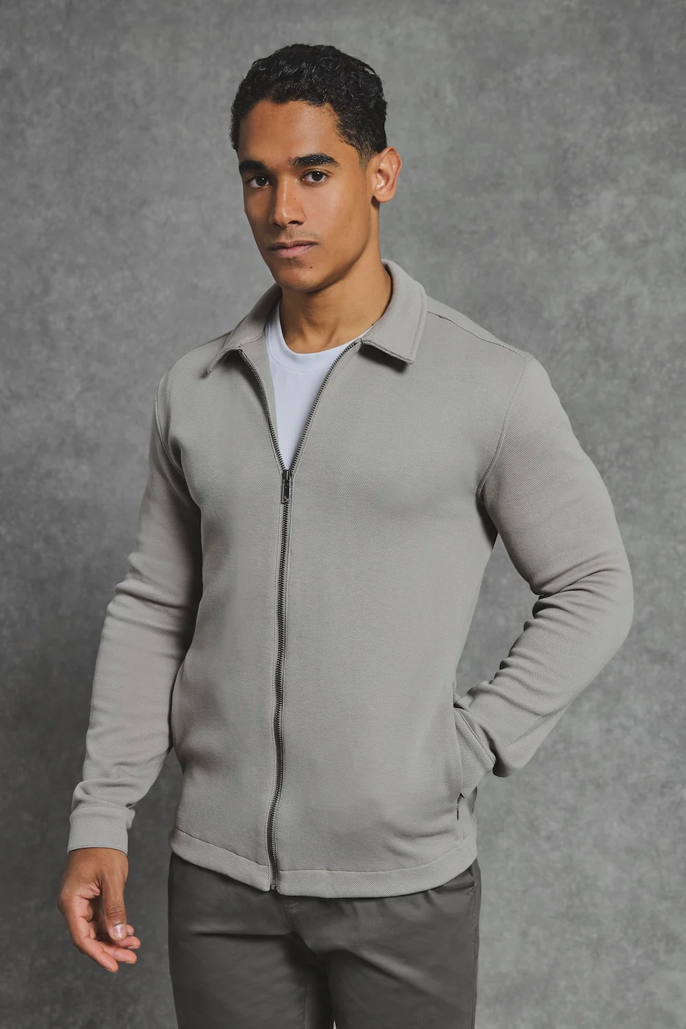 Textured Zip Through Shacket in Dark Stone