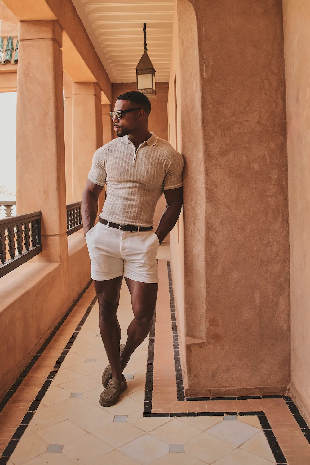 Tipped Cable Knitted Zip Polo Shirt in Neutral - Image 3