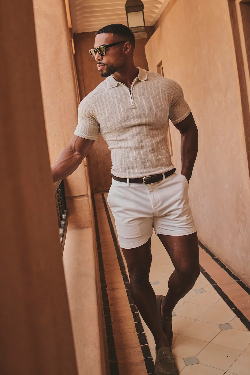 Tipped Cable Knitted Zip Polo Shirt in Neutral - Image 6