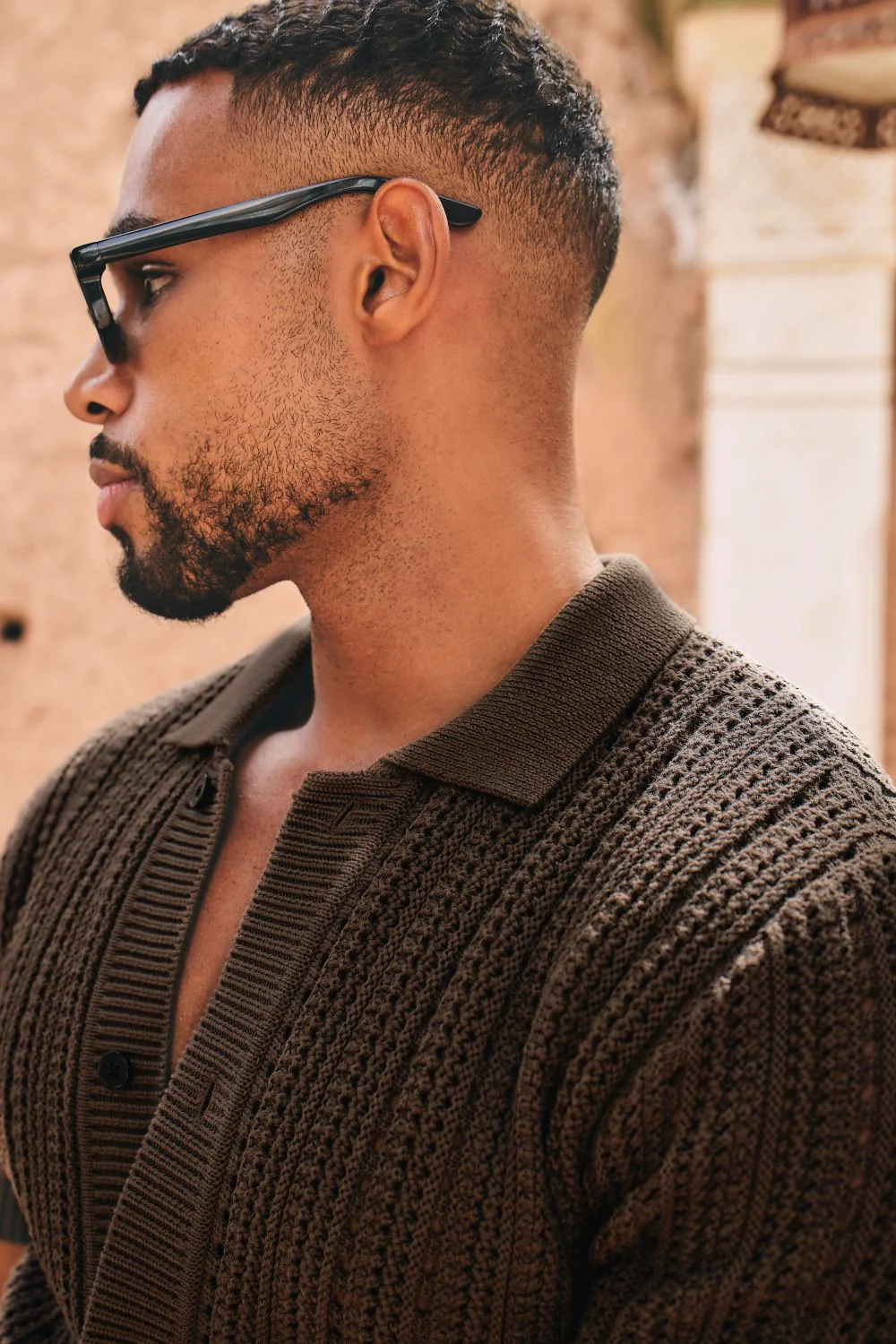 Vertical Stripe Crochet Knitted Shirt in Chocolate - Image 5