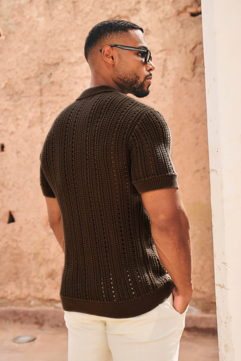 Vertical Stripe Crochet Knitted Shirt in Chocolate - Image 7