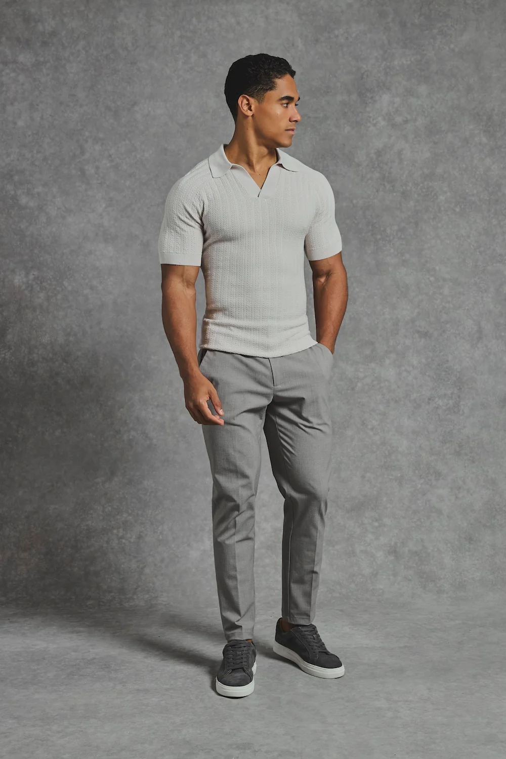 Vertical Stripe Knitted Open Collar Polo Shirt in Stone - Image 3
