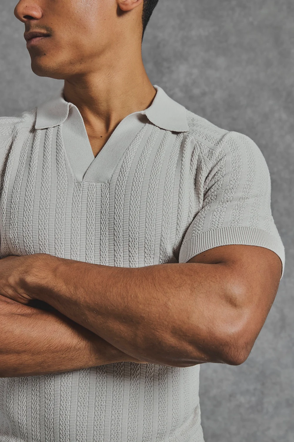 Vertical Stripe Knitted Open Collar Polo Shirt in Stone - Image 4