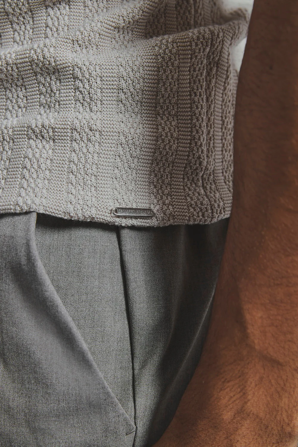 Vertical Stripe Knitted Open Collar Polo Shirt in Stone - Image 5