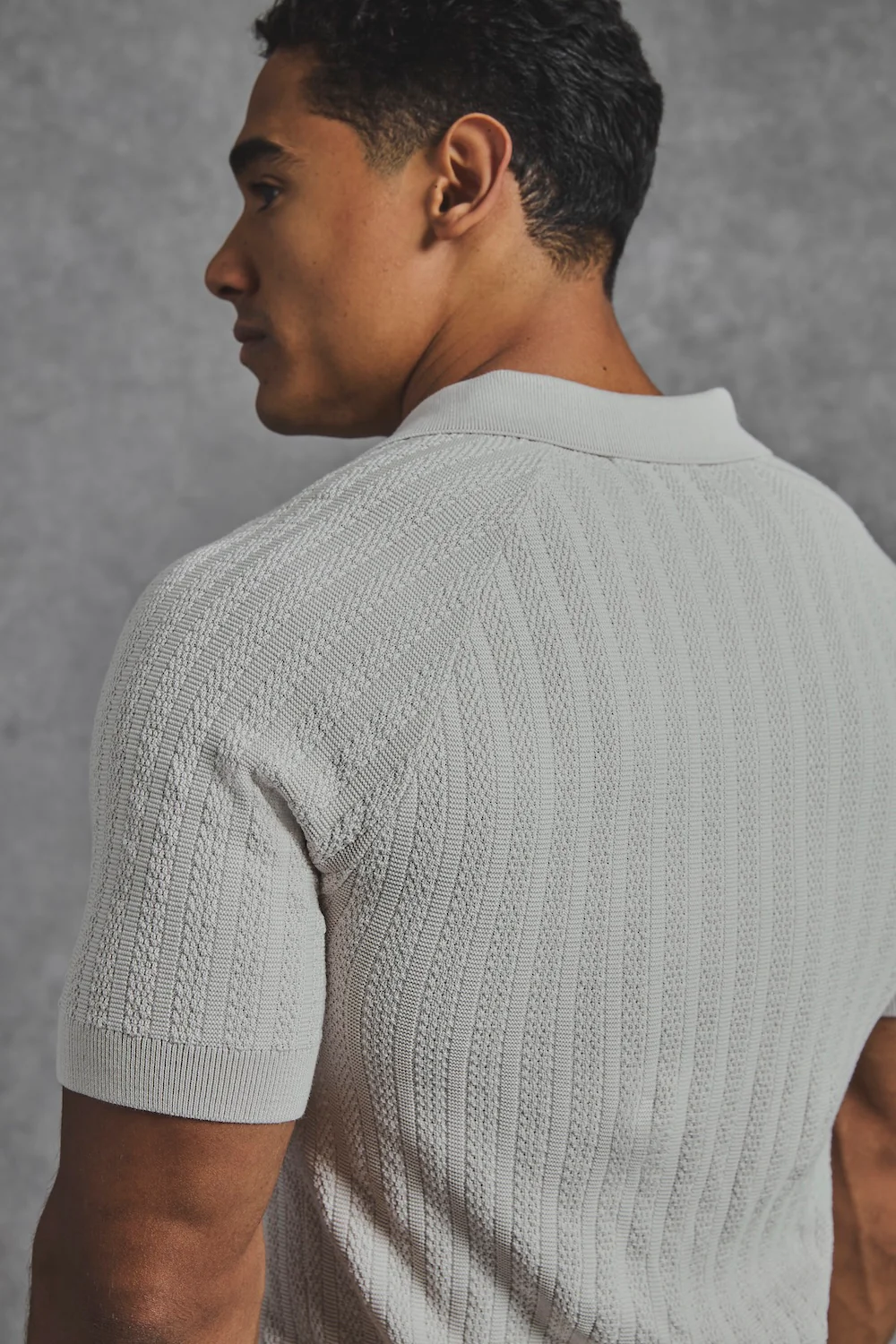 Vertical Stripe Knitted Open Collar Polo Shirt in Stone - Image 6