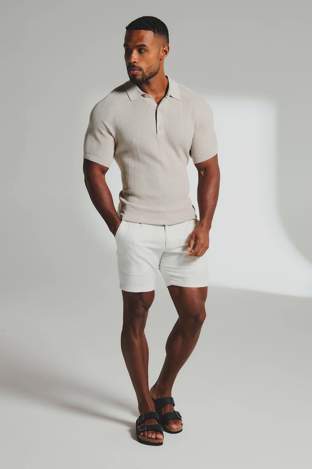 Vertical Stripe Knitted Polo Shirt in Stone - Image 3