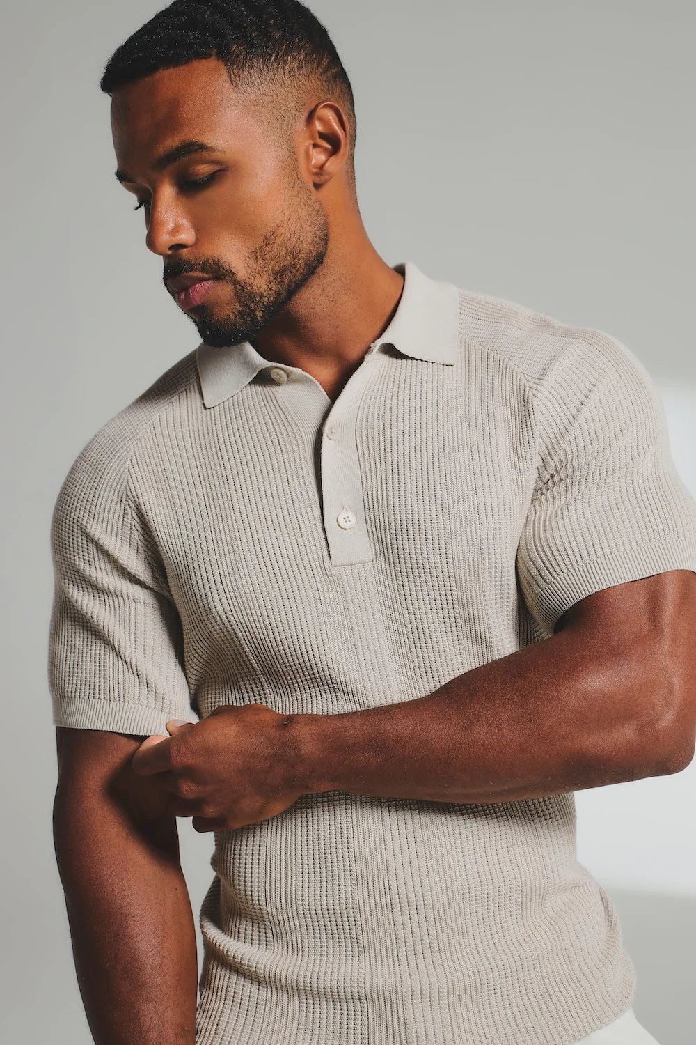 Vertical Stripe Knitted Polo Shirt in Stone - Image 4