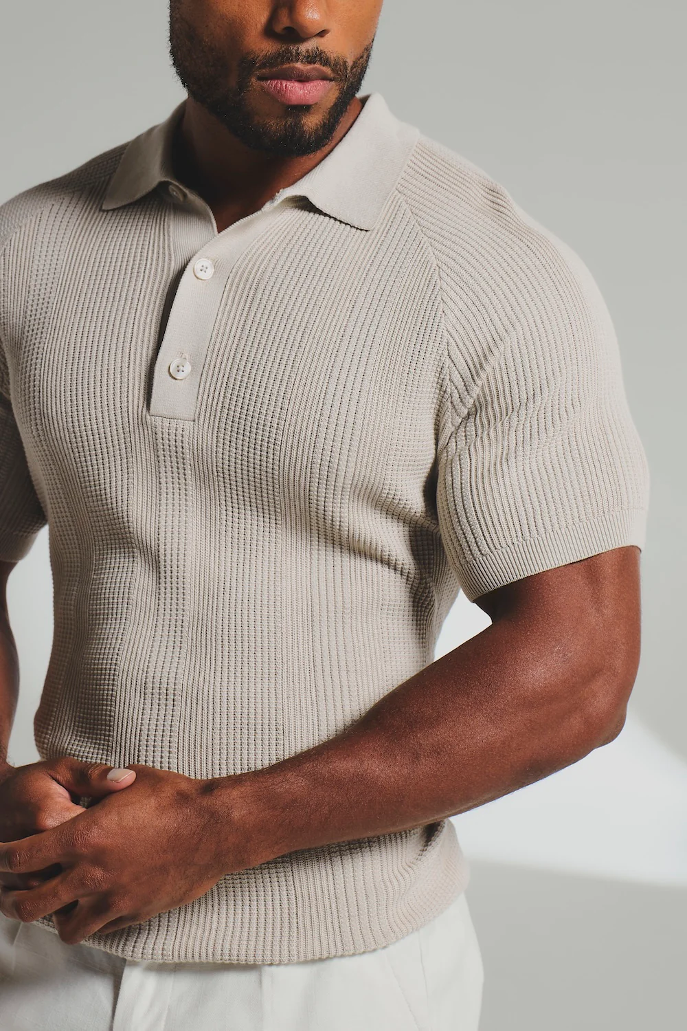 Vertical Stripe Knitted Polo Shirt in Stone - Image 5