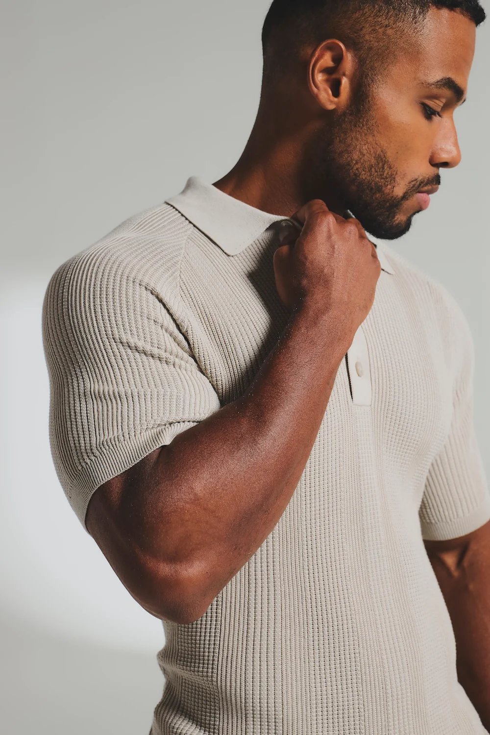 Vertical Stripe Knitted Polo Shirt in Stone - Image 6
