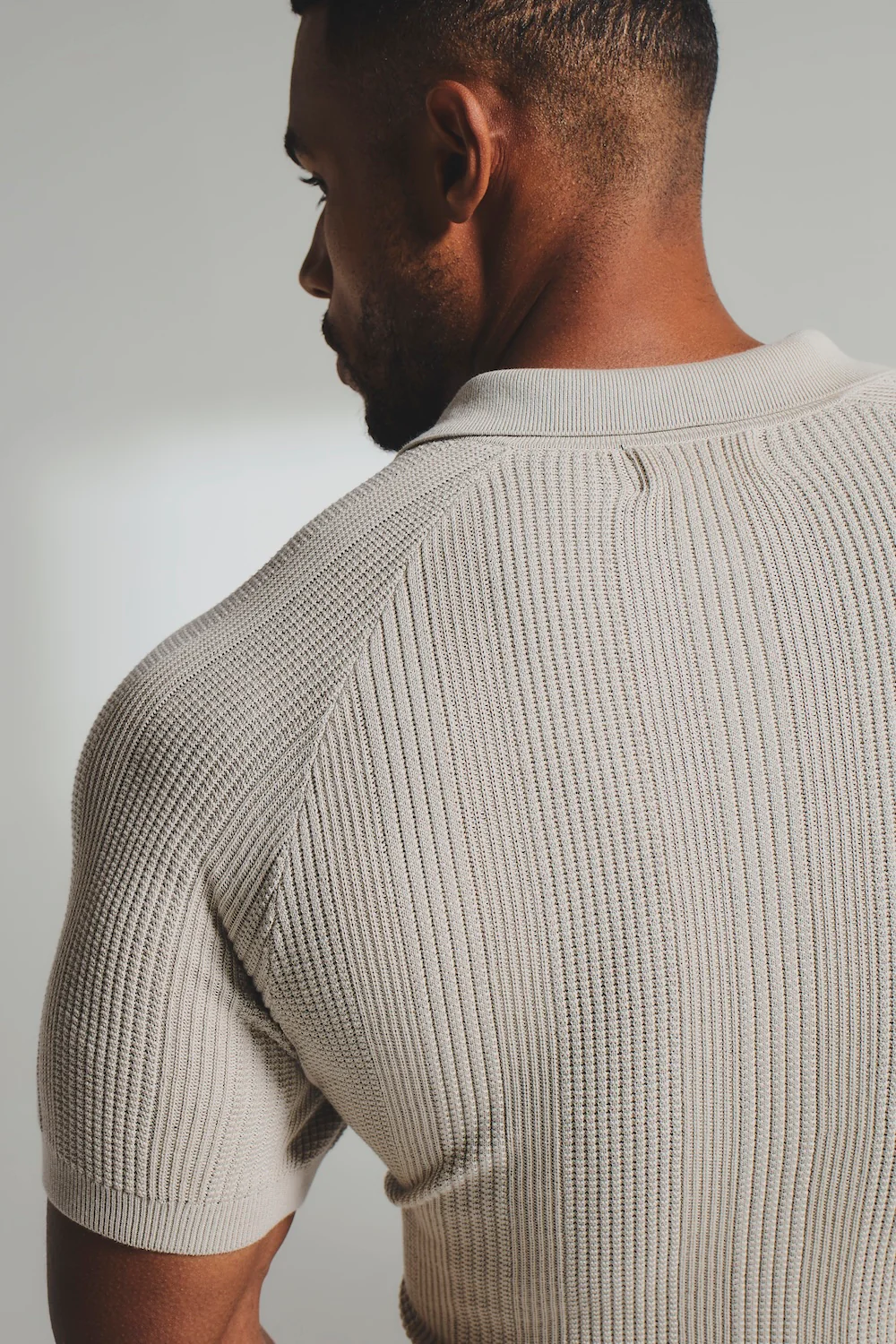 Vertical Stripe Knitted Polo Shirt in Stone - Image 7