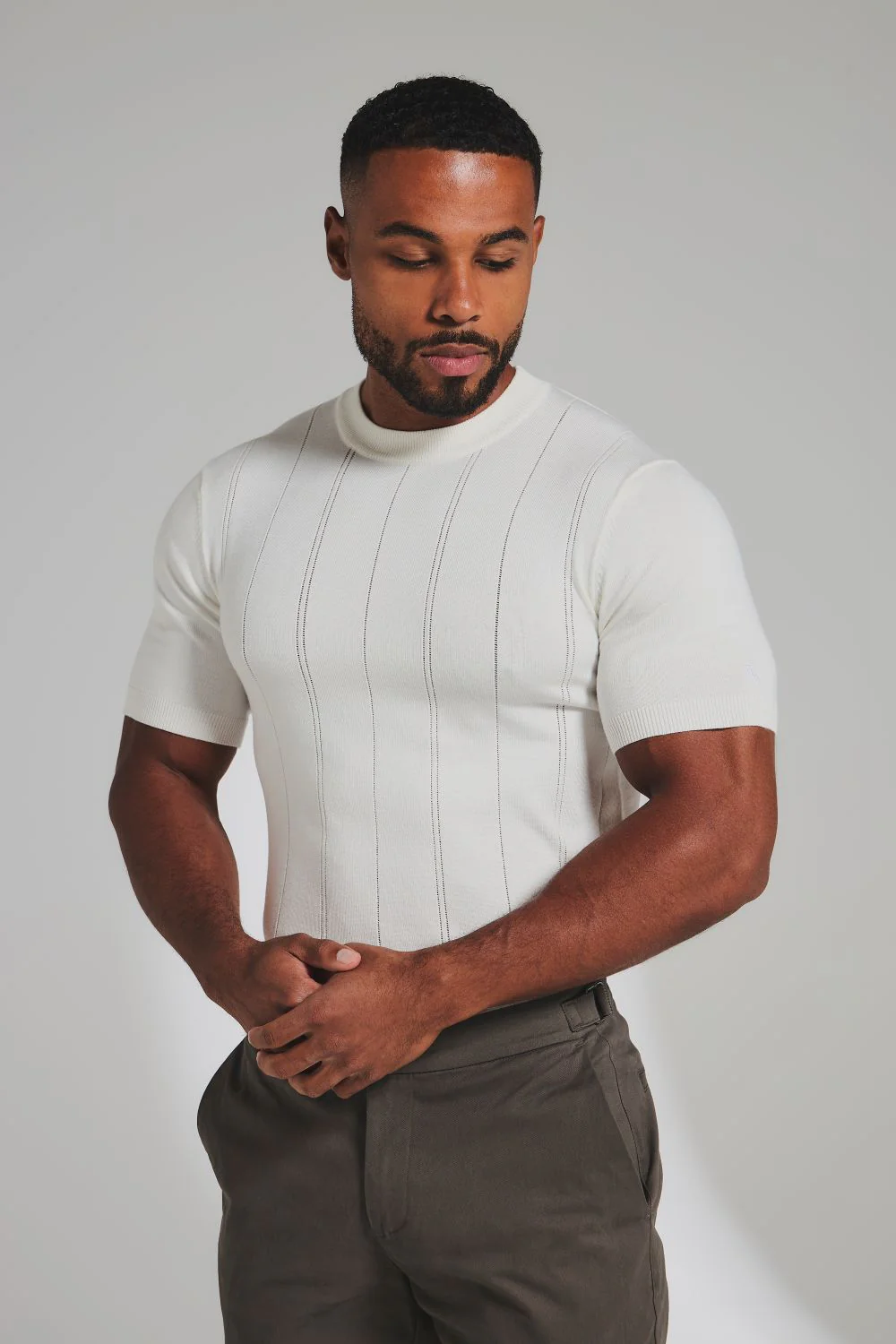 Vertical Stripe Knitted T-Shirt in Chalk - Image 2