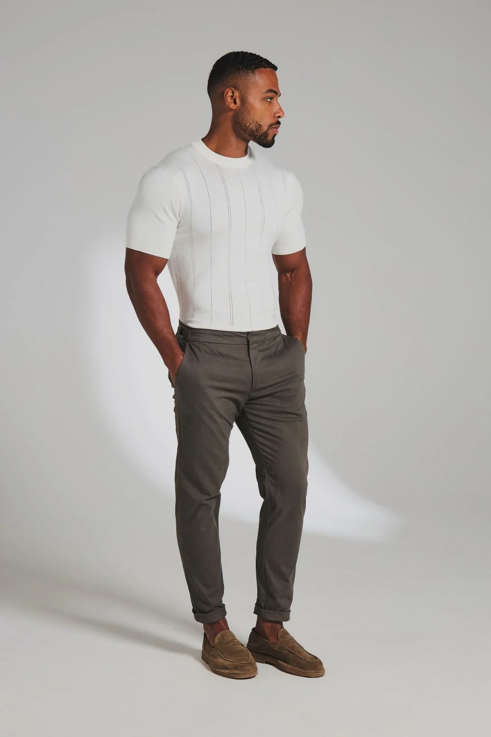 Vertical Stripe Knitted T-Shirt in Chalk - Image 3