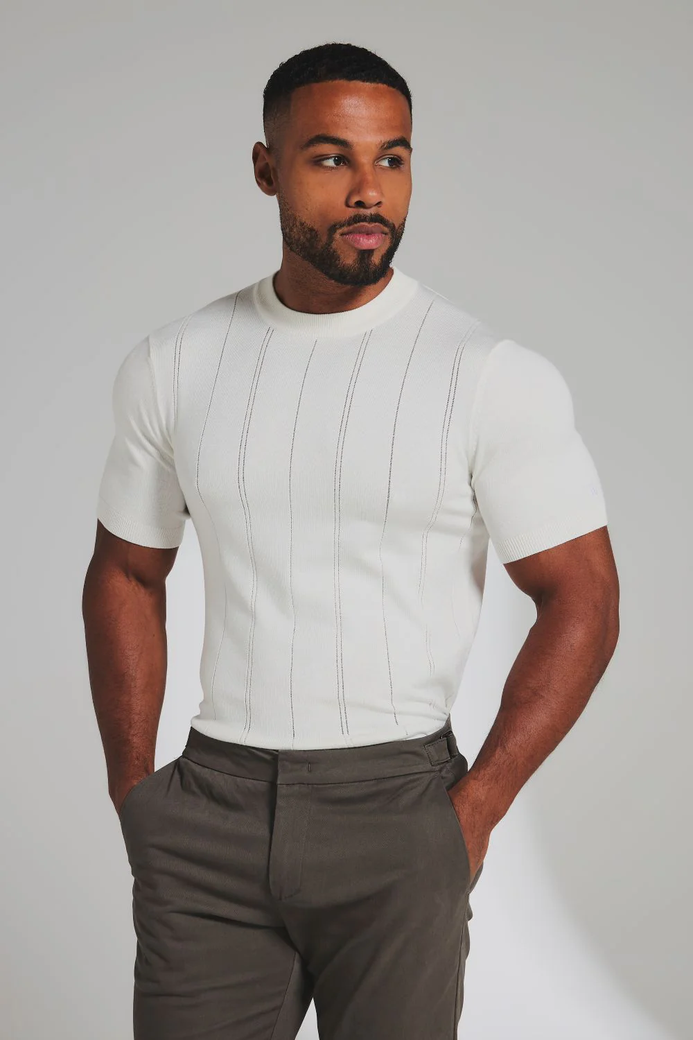 Vertical Stripe Knitted T-Shirt in Chalk - Image 4