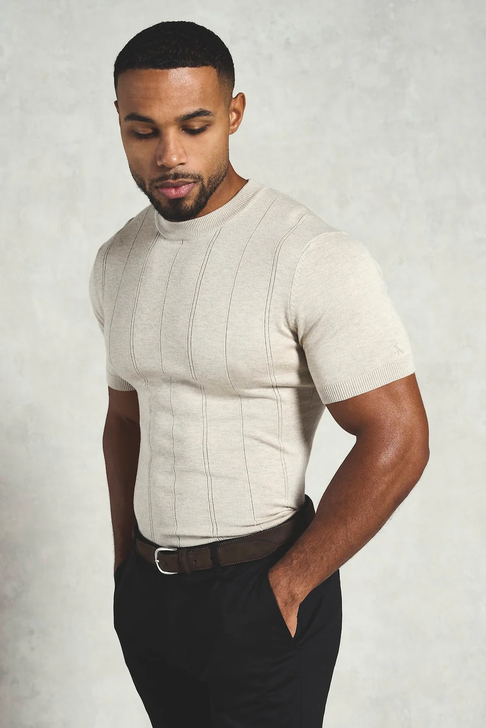 Vertical Stripe Knitted T-Shirt in Stone