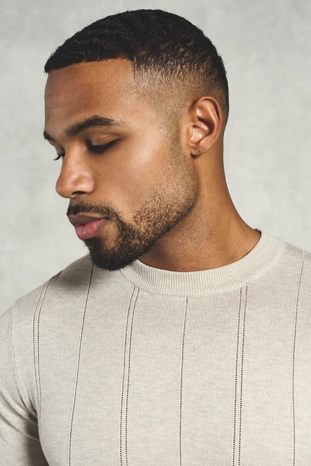 Vertical Stripe Knitted T-Shirt in Stone - Image 4