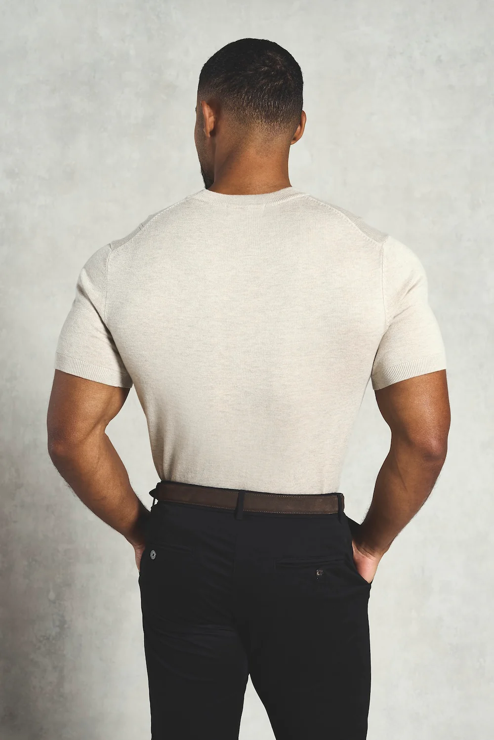 Vertical Stripe Knitted T-Shirt in Stone - Image 5