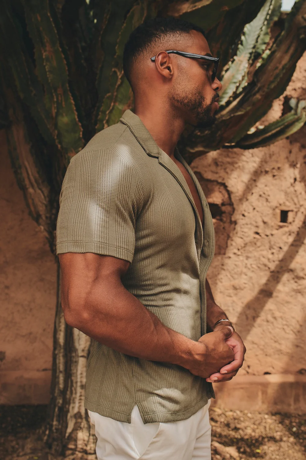 Waffle Textured Striped Cuban Collar Shirt in Khaki - Image 5