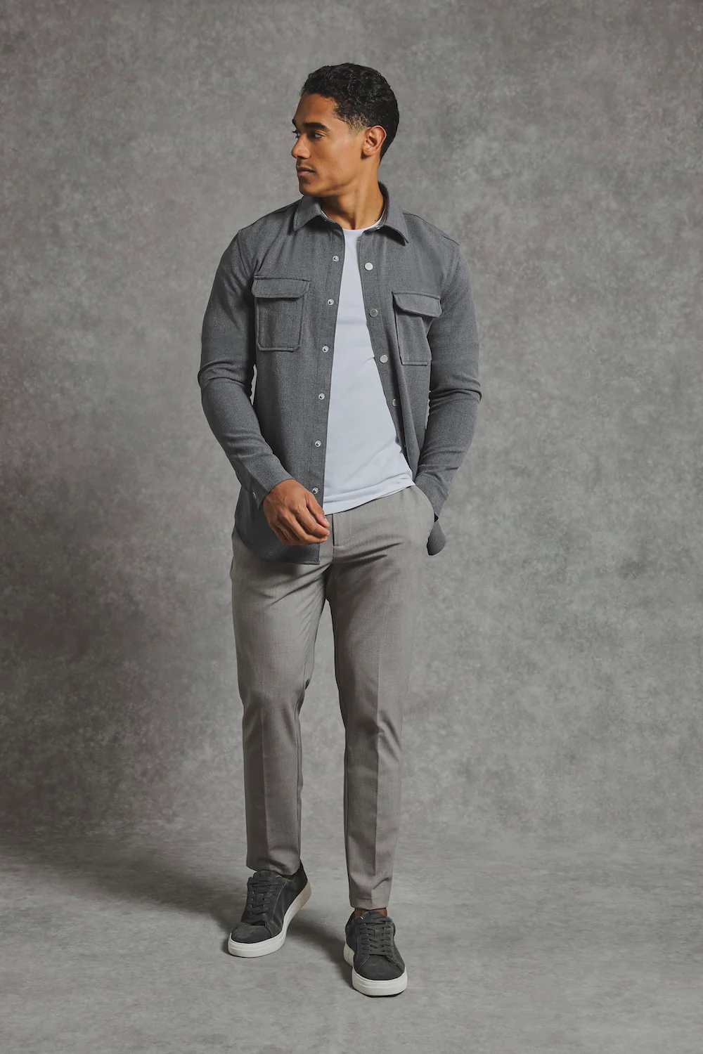 Woven Popper Overshirt in Grey Marl - Image 2
