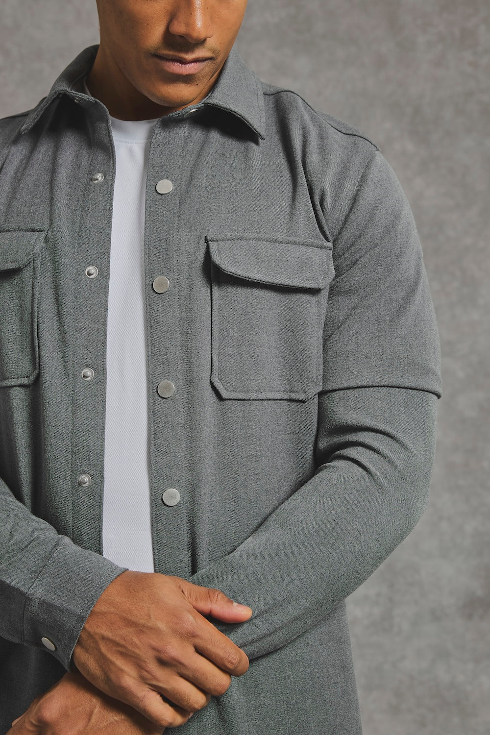 Woven Popper Overshirt in Grey Marl - Image 5
