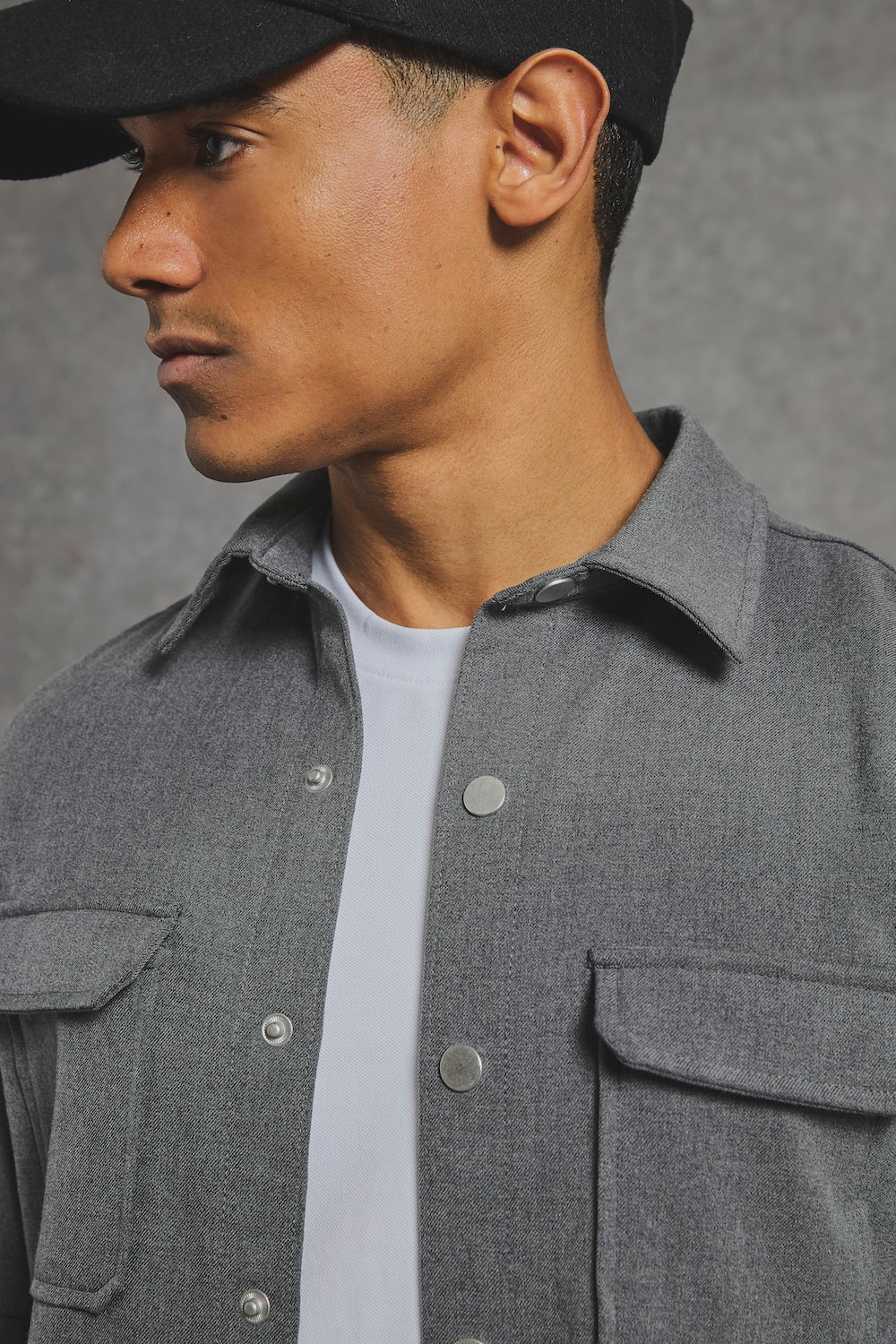 Woven Popper Overshirt in Grey Marl - Image 6