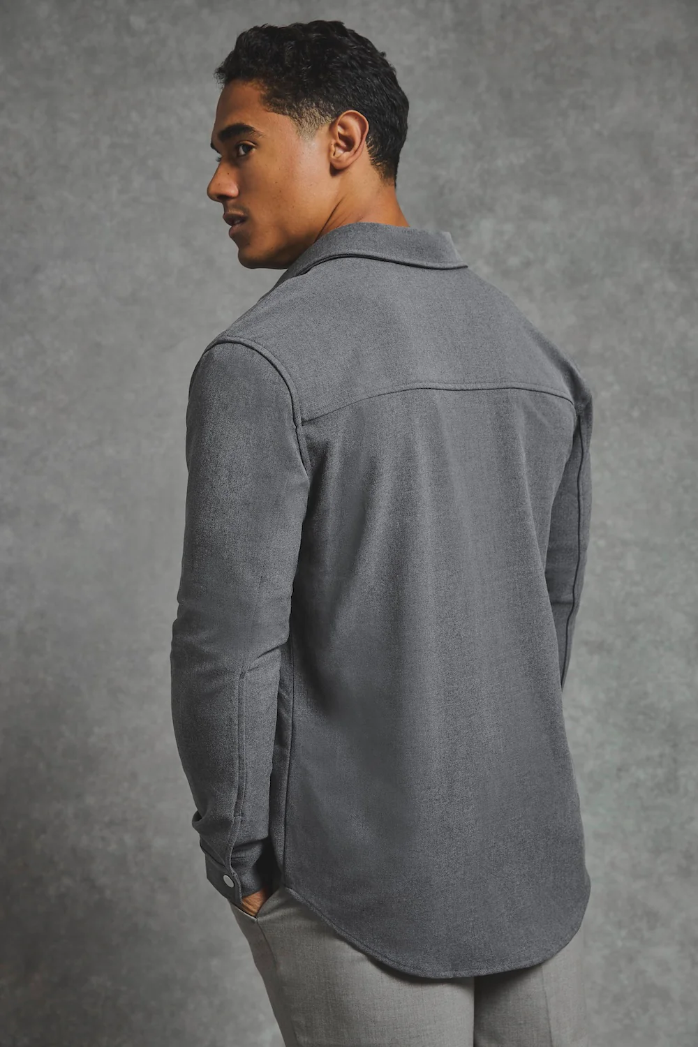 Woven Popper Overshirt in Grey Marl - Image 7
