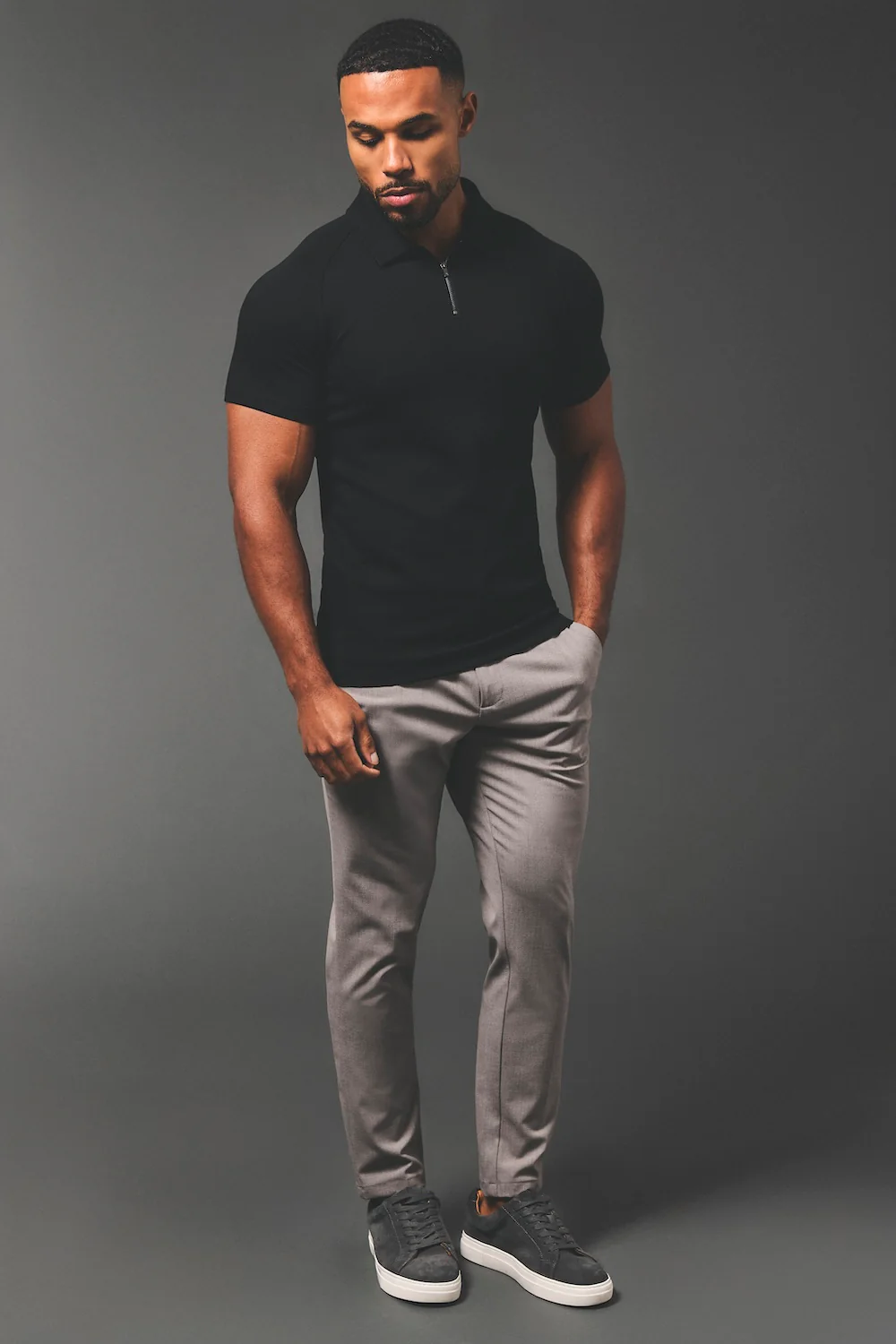 Zip Neck Polo Shirt in Black - Image 3